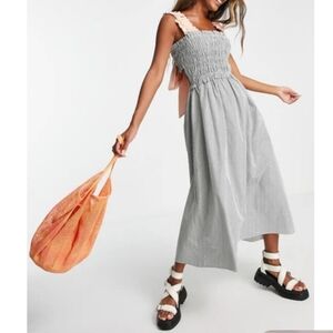 Topshop Smocked Stripe Midi Dress In Olive Green and Orange Stripes